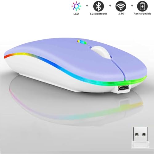 Guiheng Wireless Bluetooth Mouse,LED Dual Mode Rechargeable Silent Slim Laptop Mouse,Portable(BT5.2+USB Receiver) Dual Mode Computer Mice,for Laptop,Desktop Computer,ipad Tablet,Phone,Mac(Purple) - color: Purple