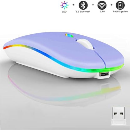 Guiheng Wireless Bluetooth Mouse,LED Dual Mode Rechargeable Silent Slim Laptop Mouse,Portable(BT5.2+USB Receiver) Dual Mode Computer Mice,for Laptop,Desktop Computer,ipad Tablet,Phone,Mac(Purple) - color: Purple
