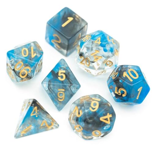 UDIXI DND Dice Set 7PCS Resin Polyhedral D&D Dice for Role Playing Games | Blue Black Colors, Dreamy Effect, Velvet Dice Bag Packaging, for Dungeons and Dragons Role Playing Games and Tabletop Games - color: S-blue and Black