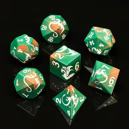 Dragon Theme Metal Dice Set,HNCCESG 7PCS Solid Zinc Alloy Polyhedral Dice with Magnetic Gift Box,Fantasy Role Playing Dice for DND Gifts (Green Orange Silver) - color: Green Orange Sliver Dragon