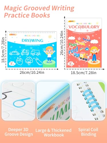 Magic Grooved Writing Practice for Kids Ages 3-8, Reusable Workbooks | Handwriting for Preschool Learning, Letters Numbers Math & Drawing Tracing Books with Disappearing Ink Pens, Educational Gift