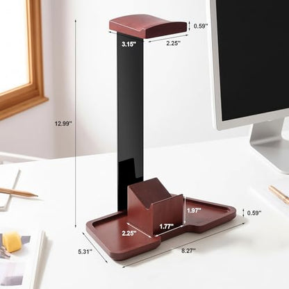 Headphone Holder Stand for Desk, Wood and Metal Headset Hanger Mount Hook Gaming Holder Desktop Earphone Artful Functional Craftsmanship Stand for All Headsets with Solid Wooden Base