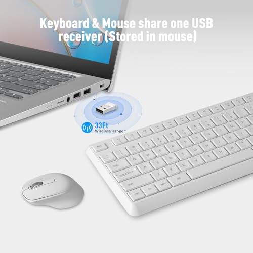 HUO JI Silent Wireless Keyboard and Mouse Combo, Quiet and Soft,Thin, White | 2.4G Full-Size Ergonomic Wireless Computer Keyboard Mouse for Windows, Laptop/PC/PS/Mac Desktop