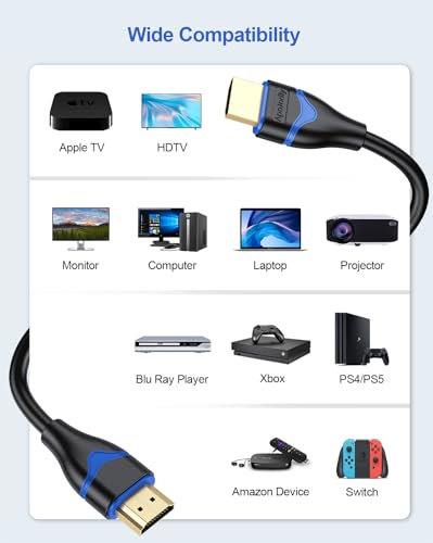 4K HDMI Cable 12FT, High Speed HDMI Cord 12 Foot Ultra HD HDMI 2.0 Cable 4K@60Hz, 2K@144Hz, 18Gbps, HDR, HDCP 2.2, 3D, ARC Compatible with PS4/PS5, Monitor, Laptop, HDTV, Blu-ray, Xbox - size: 12FT