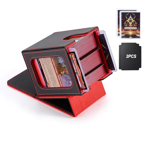 MTG Deck Box, Double Display Window, Commander Deck Box Fits 120+ Single Sleeved Cards, PU Leather Magnetic Closure Card Box with 2 Dividers&2 Toploaders for TCG, CCG, Black/Red - color: Black/Red, size: 1 pack