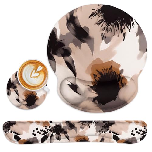 Ergonomic Mouse Pad Set with Wrist Rest, Boho Tribal | Flower Brown Non-Slip Rubber Base Wrist Cushion Support and Coasters Mousepad with Wrist Support for Computer Keyboard - color: Brown Boho Tribal Flower