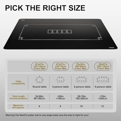 HEITOK Texas Hold'em Poker Mat 94" x 47", Water-Repellent, Noise-Reducing, Non-Slip Texas Hold'em Poker Table Top with Portable Carrying Bag for Poker Games | 8-10 players, non-slip rubber base, water-repellent surface, stitched edge, casino-style layout,