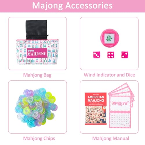 160 Pink American Printed Mahjong Game Set with Carrying Bag and Accessories, 1.2’’ Mahjong Tile Set - style: 2-Pink