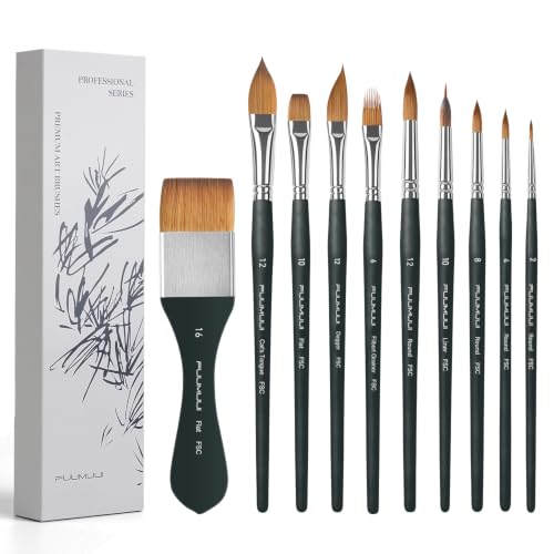 Fuumuui Watercolor Brush Set, 10Pcs Professional Soft Synthetic Hair Paint Brushes - Wide Flat, Dagger, Cat's Tongue, Extended Needle, Round, Grainer for Watercolor Gouache Inks Painting - color: Black10