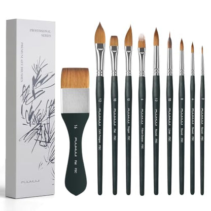 Fuumuui Watercolor Brush Set, 10Pcs Professional Soft Synthetic Hair Paint Brushes - Wide Flat, Dagger, Cat's Tongue, Extended Needle, Round, Grainer for Watercolor Gouache Inks Painting - color: Black10