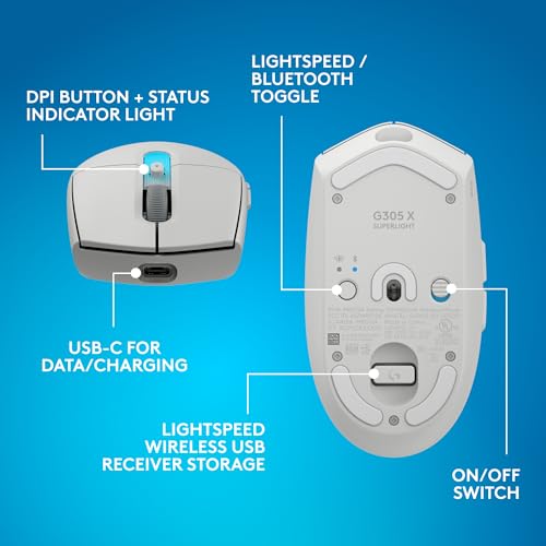 Logitech G305 X Superlight Wireless Gaming Mouse - White | Lightweight 59g, HERO 44K Sensor, RGB lighting, Lightspeed, Bluetooth, 130+ Hr battery life, 6 programmable buttons, PC/Mac - color: White, style: Superlight