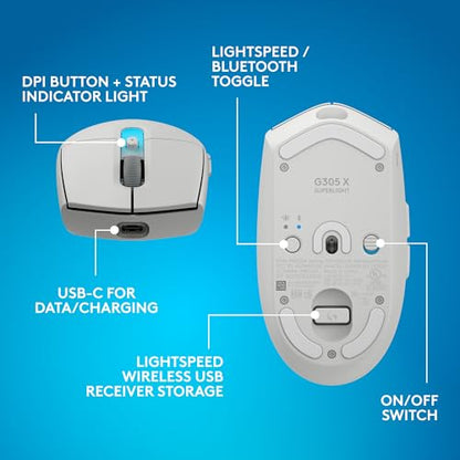 Logitech G305 X Superlight Wireless Gaming Mouse - White | Lightweight 59g, HERO 44K Sensor, RGB lighting, Lightspeed, Bluetooth, 130+ Hr battery life, 6 programmable buttons, PC/Mac - color: White, style: Superlight
