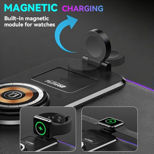 3 in 1 RGB Gaming Mouse Pad, Wireless Charging Mouse Mat Fast Charging for Phones Earbuds & Apple Watch, 15 Dynamic Lighting Modes, 31.5''x11.8'' Large Keyboard Pad with Magnetic Phone Holder