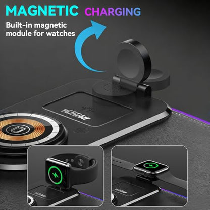 3 in 1 RGB Gaming Mouse Pad, Wireless Charging Mouse Mat Fast Charging for Phones Earbuds & Apple Watch, 15 Dynamic Lighting Modes, 31.5''x11.8'' Large Keyboard Pad with Magnetic Phone Holder