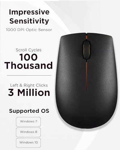Lenovo 300 Wireless Mouse, Black, Computer Mouse for PC and Laptop with Windows, Ambidextrous Design, 2.4 GHz Nano USB Receiver, 12 Month Battery Life - color: Black