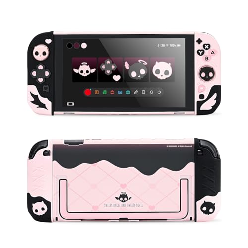 Geekshare Protective Case Set Compatible with switch 2, PC Back Plate with Silicone Joysticks Covers, Includes 2 Thumb Grips, Waterproof Protection - Sweetheart Skull (Black & Pink) - size: for Switch 2