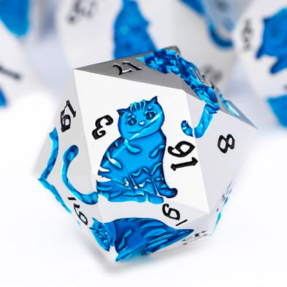 Metal DND Cat Dice 7PCS Polyhedral RPG Dice Set with Gift Case for Dungeons Dragons Role Playing Game, D and D Dice D6 D8 D10 D12 D20 D% (Silver Blue) - color: Cat-silver Blue