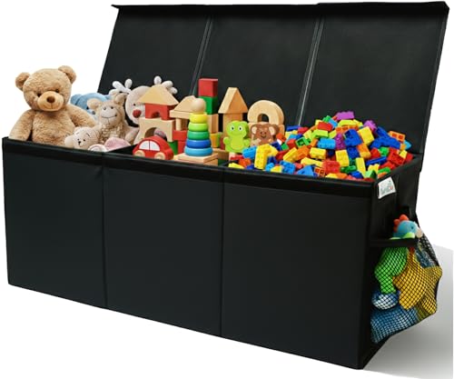 SoftOwl Extra Large Toy Storage Organizer with Lid - Sturdy, Collapsible Toy Chest Storage Box Design - Toys Bin with Dividers for Kids, Nursery, Bedroom, Playroom 37"x16"x14" - color: Black
