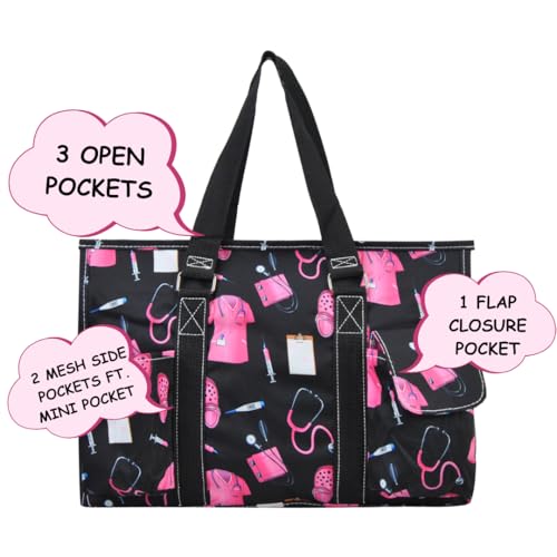 NGIL Utility Water Resistant Tote Bag | Work Tote for Women, Nurse Bag, Teacher's Choice Purse, Gym Bag, Everyday Organizer Top Zipper Closure - color: Pink Nurse Print-black
