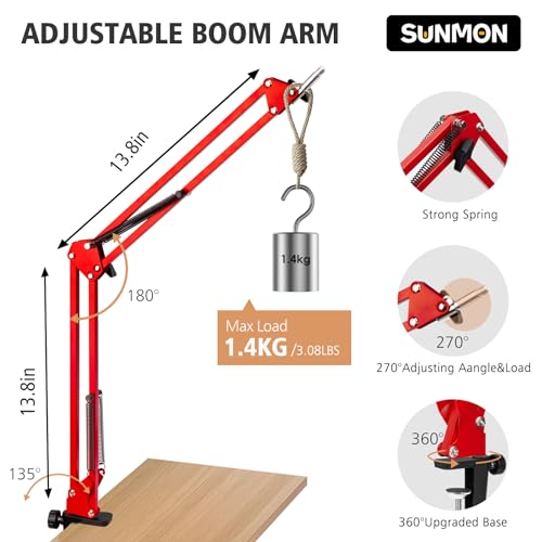 SUNMON HyperX QuadCast Boom Arm - Upgraded Red Boom Arm with Windscreen, Sound Insulation and Noise Reduction, HyperX QuadCast Microphone Arm with 3/8" to 5/8" Adapter - color: Red Quadcast BoomArm