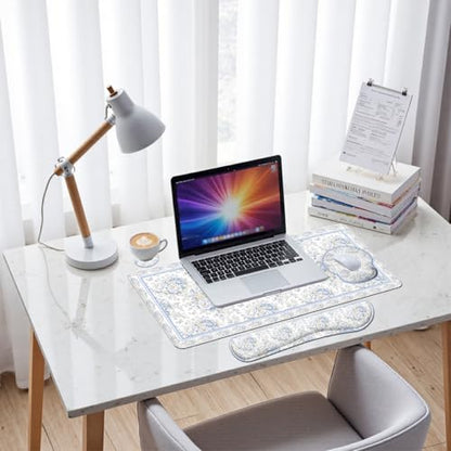 Blue Rose Desk Mat Set White Floral Large Mouse Pad with Wrist Rest 4in1 Desk Mat for Desktop Ergonomic Computer Desk Arm Wrist Anti-Slip Computer Ergonomic Mouse Pad Home Office Gaming - color: Blue Rose