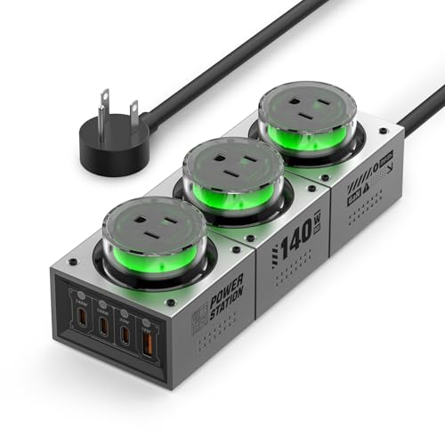 E-Tank 7-in-1 Desktop Charging Station, 140W Max GaN USB-C Charger | 3 AC Outlets, 3 USB-C Ports, 1 USB-A Port, PD 3.1 Fast Charging, Smart Power Sharing, RGB Lighting, Desk Power Hub - color: 140W Charger Station - Gray