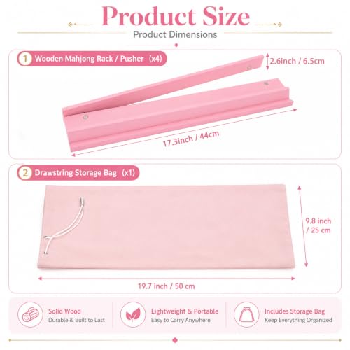 5Pcs Mahjong Racks with Pushers Wooden American Mahjong Tile Pushers and Racks Set with Mah Jong Rack Drawstring Bag Mah Jong Accessories for Players Gifts Home Game Night Party Supplies (Pink) - color: Pink