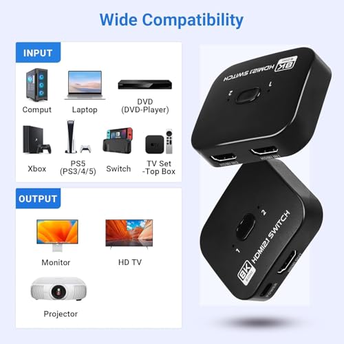 8K Bi-Directional HDMI Switch 2 in 1 Out, 4K@120Hz 8K@60Hz HDMI Splitter Switch, Supports HDR, 3D, Dolby for PS4/5, HD TV
