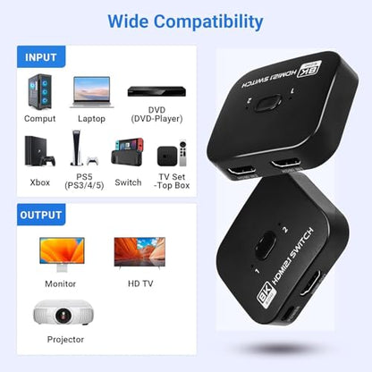 8K Bi-Directional HDMI Switch 2 in 1 Out, 4K@120Hz 8K@60Hz HDMI Splitter Switch, Supports HDR, 3D, Dolby for PS4/5, HD TV