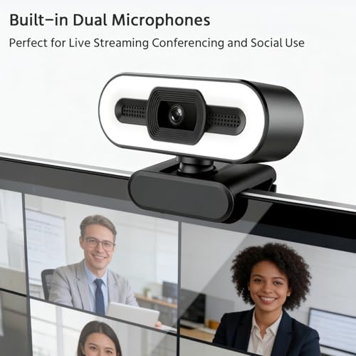 2K Webcam for PC with Microphone & Noise Cancellation, 1200P HD, Auto Focus, 120° Wide Angle, 3-Level Beauty Fill Light, Plug & Play USB Camera for Streaming, Conferencing, Calling (Black)
