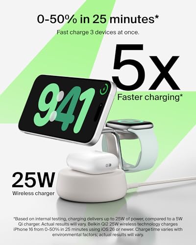 Belkin Qi2.2 25W Wireless Fast Charging Station, 3 in 1 iPhone Charger | Fast Charging, MagSafe Compatible, iPhone 17/16/15, Apple Watch, AirPods, Travel Charger, Magnetic - color: Sand, style: 3 in 1