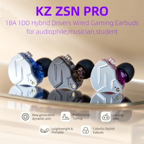 KZ ZSN Pro in Ear Monitor Headphones, 1BA 1DD Hybrid Driver Wired Gaming Earbuds, Deep Bass Sound Wired Ear Buds, HiFi IEM for Gaming Music Video Calling Singer Musician Drummer (Without mic, Purple) - color: Purple, style: without mic