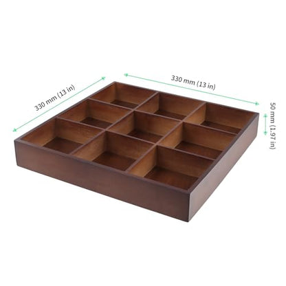 FUNSUEI 3 PCS Multi Compartment Wooden Tray, Grid Display Bamboo Serving Tray with 9 Sections, Wood Drawer Organizer Divided Snack Storage Box for Jewelry, Card Sorting, 13x13x2 Inch Dark Brown - size: 3 PCS 9 Sections