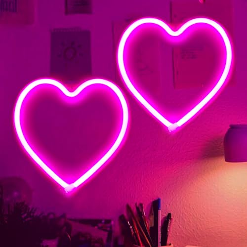 2 Pack Pink Heart Neon Signs Battery Operated or USB Powered Heart Lights | LED Heart Neon Lamp for Valentines Day Wedding Proposal Mother's Day Dorm Bedroom Decor, Gifts for Mom Wife Girfriend Girls - color: Pink, size: 2 pack