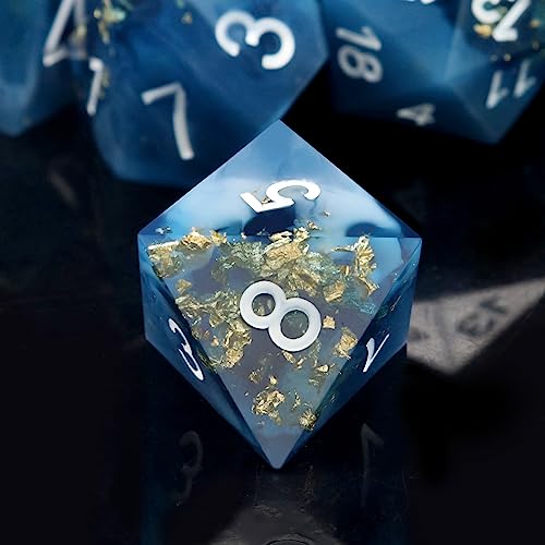 Haxtec Sharp Edge DND Dice Set, Gold Foil Resin Polyhedral RPG Dice | Blue D&D Dice for Role Playing Games, Compatible with Dungeons and Dragons, Handmade 7-Die with Metal Case, TTRPG Gifts - color: Blue White Gold