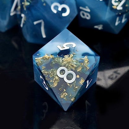 Haxtec Sharp Edge DND Dice Set, Gold Foil Resin Polyhedral RPG Dice | Blue D&D Dice for Role Playing Games, Compatible with Dungeons and Dragons, Handmade 7-Die with Metal Case, TTRPG Gifts - color: Blue White Gold