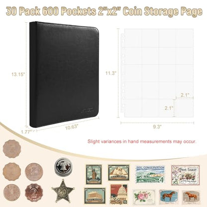 BYSTER Coin Collection Book, 30 Pack 600 Pockets Coin Sleeves, Faux Leather Coin Collection Holder Album, Coin Collection Organizer Storage Box Case (Coin Flips Not Included), Black - color: Black