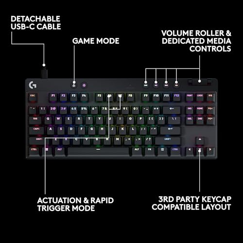 Logitech G PRO X TKL Rapid Tenkeyless Gaming Keyboard (Hall-Effect) - Black | Hall-Effect Magnetic Analog Switches with Rapid Trigger, Lightsync RGB, Detachable USB-C Cable, Volume Roller & Media Buttons - color: Black, size: TKL - Wired, style: Rapid Tri