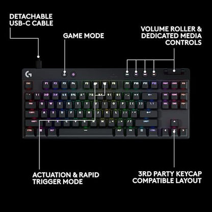 Logitech G PRO X TKL Rapid Tenkeyless Gaming Keyboard (Hall-Effect) - Black | Hall-Effect Magnetic Analog Switches with Rapid Trigger, Lightsync RGB, Detachable USB-C Cable, Volume Roller & Media Buttons - color: Black, size: TKL - Wired, style: Rapid Tri