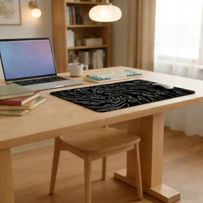 Gaming Mouse Pad L (31.5x11.8in) - Black Abstract Line Art Waves, Dark Japanese Doodle Design - Desk Mat for Gamers - color: Black Ink Waves, size: 11.8x31.5''