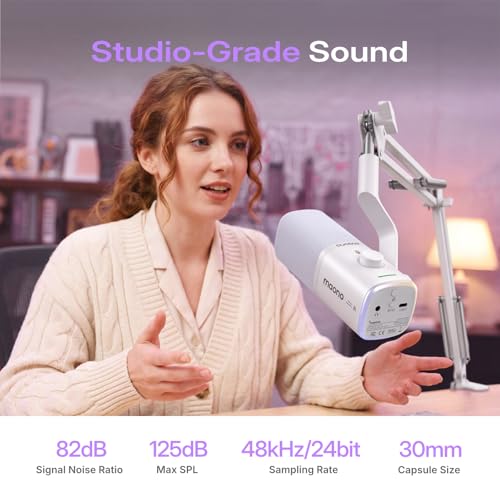 MAONO PD100W Wireless USB Dynamic Microphone, Gaming PC Mic with One-Click Noise Reduction,Mute Button,Custom RGB,3.5mm Headphone Jack,Software,Podcast Streaming Mic (Boom Arm(USB-C Receiver), White) - color: White