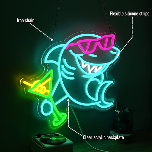 Shark Cocktail Neon Sign Shark Martini Neon light Dimmable LED Sunglasses Shark Light Up Sign for Wall Decor Man Cave Bar Pub Party Home(12.6 * 16.54In) - style: Shark Cocktail