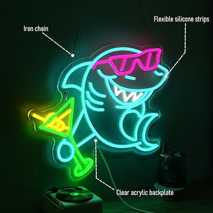 Shark Cocktail Neon Sign Shark Martini Neon light Dimmable LED Sunglasses Shark Light Up Sign for Wall Decor Man Cave Bar Pub Party Home(12.6 * 16.54In) - style: Shark Cocktail