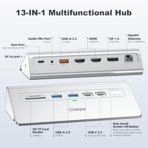 Docking Station 3 Monitors, intpw 13 in 1 USB C Docking Station with 8K DP + 2 HDMI 4K@60Hz, 10Gbps USB A/C, 2 PD 45W, RJ45, SD/TF, Audio, 65W Adapter+3.9FT Cable, Powered USB C Hub for Mac, Dell, HP