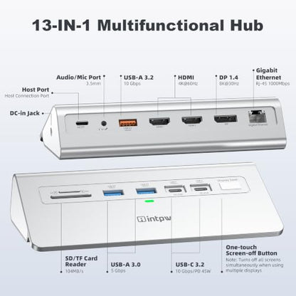 Docking Station 3 Monitors, intpw 13 in 1 USB C Docking Station with 8K DP + 2 HDMI 4K@60Hz, 10Gbps USB A/C, 2 PD 45W, RJ45, SD/TF, Audio, 65W Adapter+3.9FT Cable, Powered USB C Hub for Mac, Dell, HP