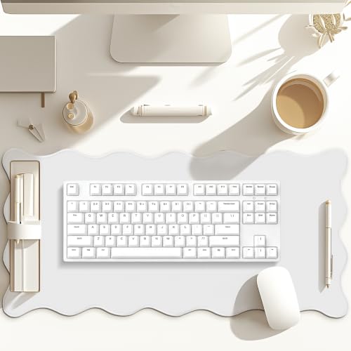 Hahafelt Scalloped Desk Mat Large Desk Pad Cute Coquette Table Mat Back to School Preppy Table Make up Pad Nonslip Graduation Gift with Stitching Waterproof Gaming(White,23.6 x 13.8 Inches) - color: White, size: 23.6L x 13.8W inches