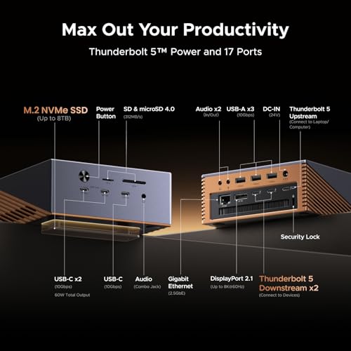 UGREEN Maxidok Thunderbolt 5 Docking Station, 8TB M.2 NVMe SSD Support | 17-in-1, 3xTBT5, DP2.1, Dual/Single 8K@60Hz, 6x10Gbps USB-C&A, 140W Charging, 60W PD-Out,2.5GbE, 3x3.5mm Audio,Cooling System