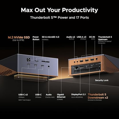 UGREEN Maxidok Thunderbolt 5 Docking Station, 8TB M.2 NVMe SSD Support | 17-in-1, 3xTBT5, DP2.1, Dual/Single 8K@60Hz, 6x10Gbps USB-C&A, 140W Charging, 60W PD-Out,2.5GbE, 3x3.5mm Audio,Cooling System