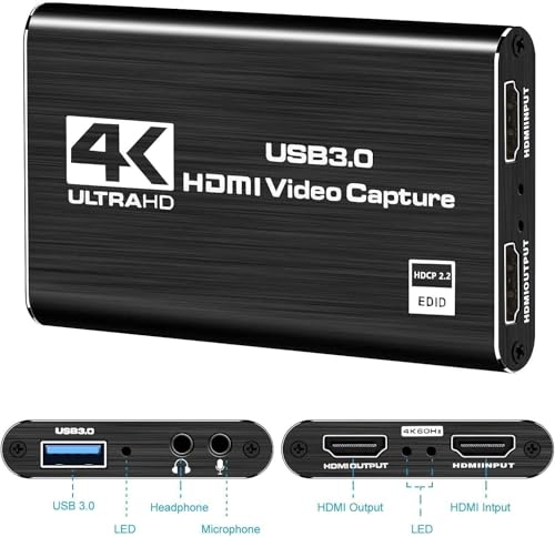 Capture Card, HDMI USB3.0 Capture Card Nintendo Switch, Video Capture Card 4K 1080P 60FPS, Game Capture Card for Live Streaming, Video Conference, Recording, Works with PS4/PS5/PC/OBS/DSLR