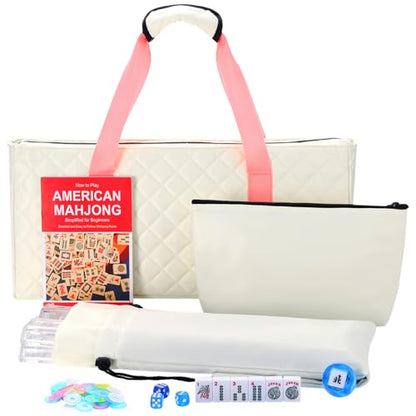 Jongyance American Mahjong Tile Set with Carrying Bag, 166 White Tiles, 4 Racks with Pushers, Mahjong Set for Beginners - color: Cream